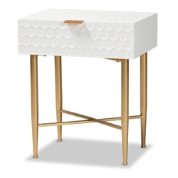 Baxton Studio Marcin Contemporary Glam and Luxe White Finished Wood and Gold Metal 1-Drawer End Table